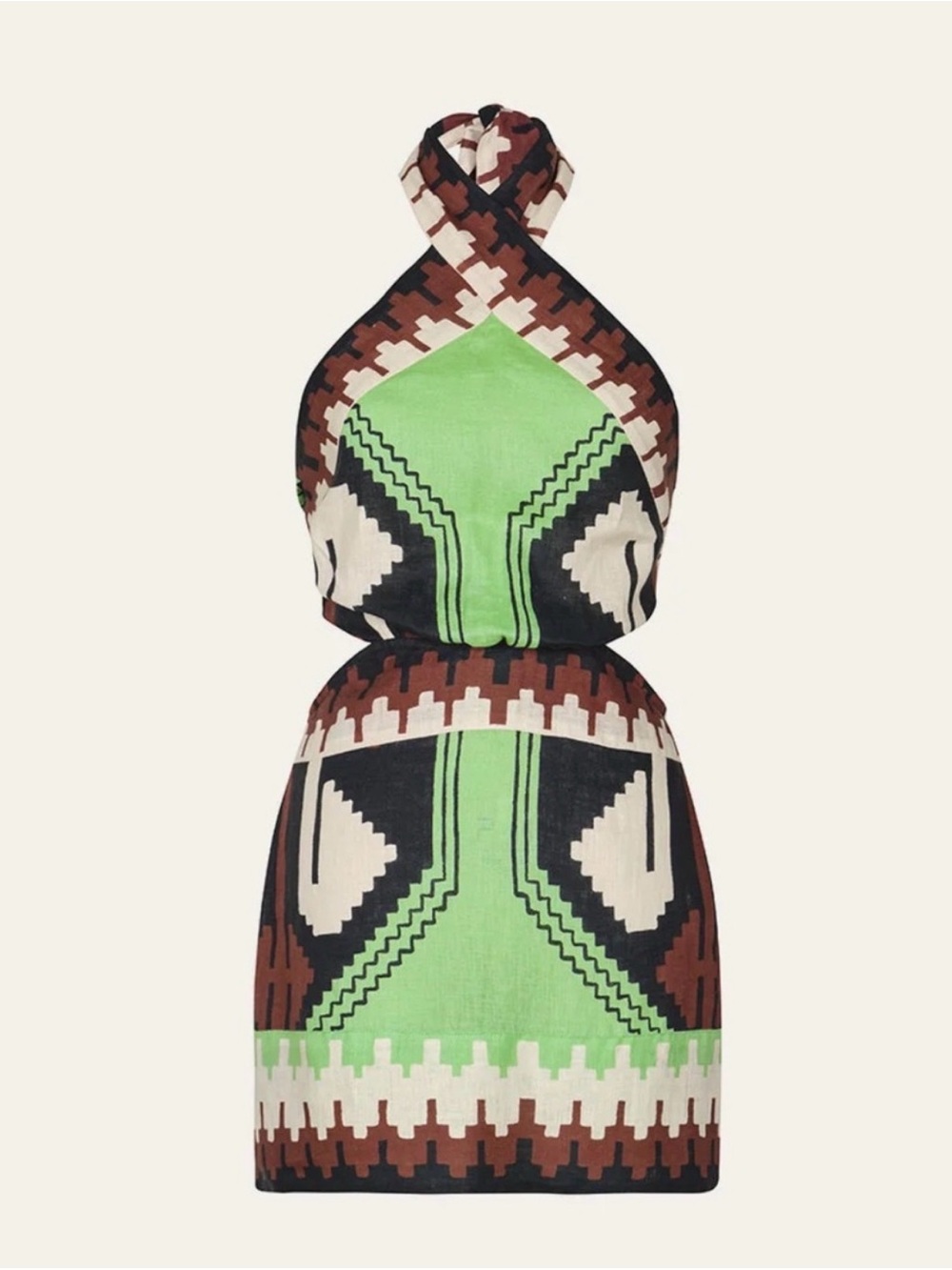 Johanna Ortiz Sleeveless Halter Mini Dress in Green, Brown & Black